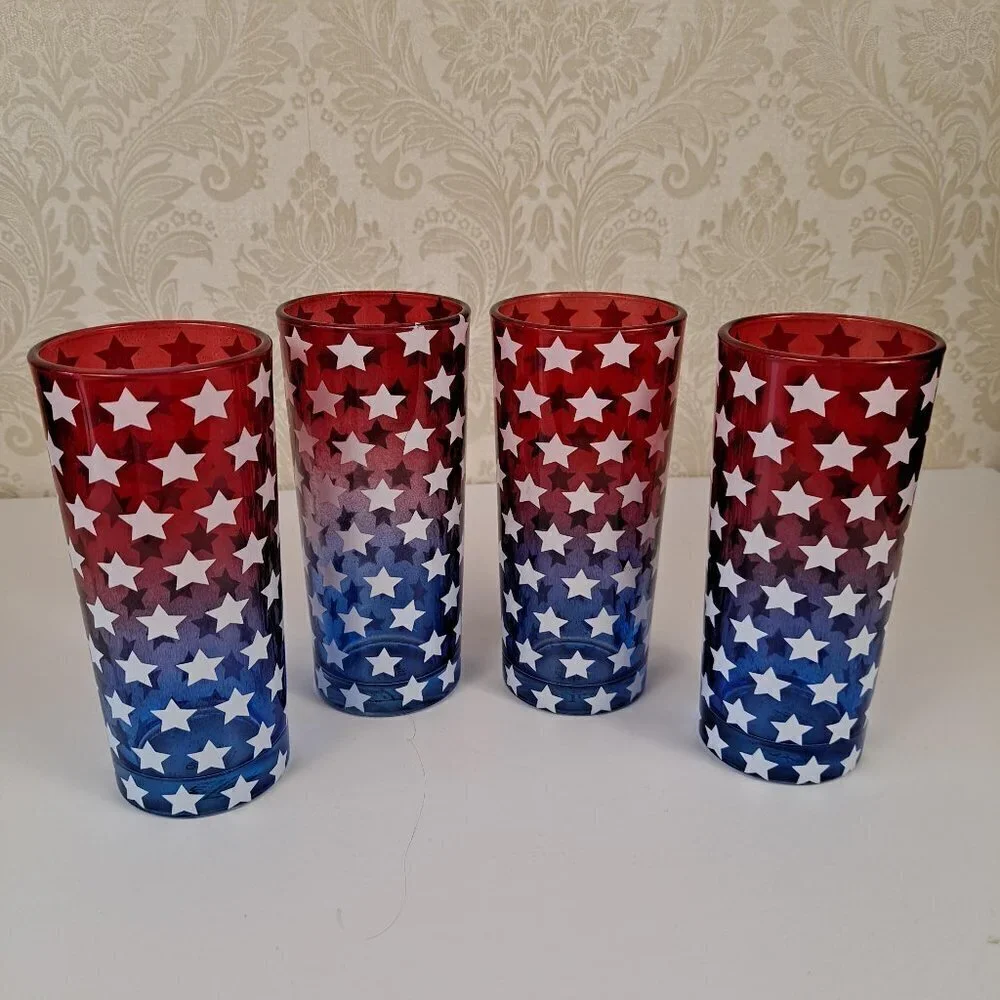 Patriotic American Flag Placemats and Highball Glasses, set of 4 of each, EUC